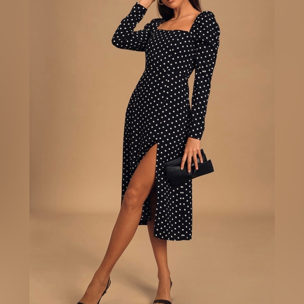 New Lulus Charmed and Classy Black Polka Dot Long Sleeve Midi Dress